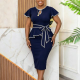 Plus Size Women African Bell Bottom Sleeve Round Neck Color Block Lace-Up Ruffled Bodycon Dress