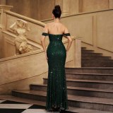 Women Sleeveless Off Shoulder Formal Party Gown with Sequins