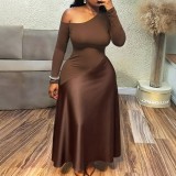 Plus Size Women Slash Shoulder Long-Sleeve Patchwork Maxi Dress