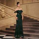 Women Sleeveless Off Shoulder Formal Party Gown with Sequins