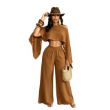 Women Sexy Beach Holidays Solid Slash Shoulder Irregular Off-Shoulder Top and Pocket Pant Two-Piece Set