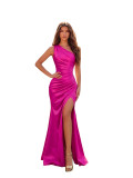 Women One-Shoulder Slash Shoulder Pleated Elegant Slit Bodycon Maxi Dress