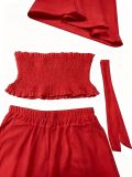 Women Casual Holidays Multi-Way Ruffle Edge Pleated Strapless Top and Wide-Leg Pants Two-Piece Set
