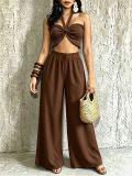 Women Casual Holidays Multi-Way Ruffle Edge Pleated Strapless Top and Wide-Leg Pants Two-Piece Set