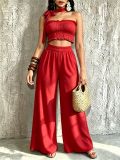 Women Casual Holidays Multi-Way Ruffle Edge Pleated Strapless Top and Wide-Leg Pants Two-Piece Set