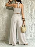 Women Casual Holidays Multi-Way Ruffle Edge Pleated Strapless Top and Wide-Leg Pants Two-Piece Set