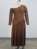 Plus Size Women Slash Shoulder Long-Sleeve Patchwork Maxi Dress