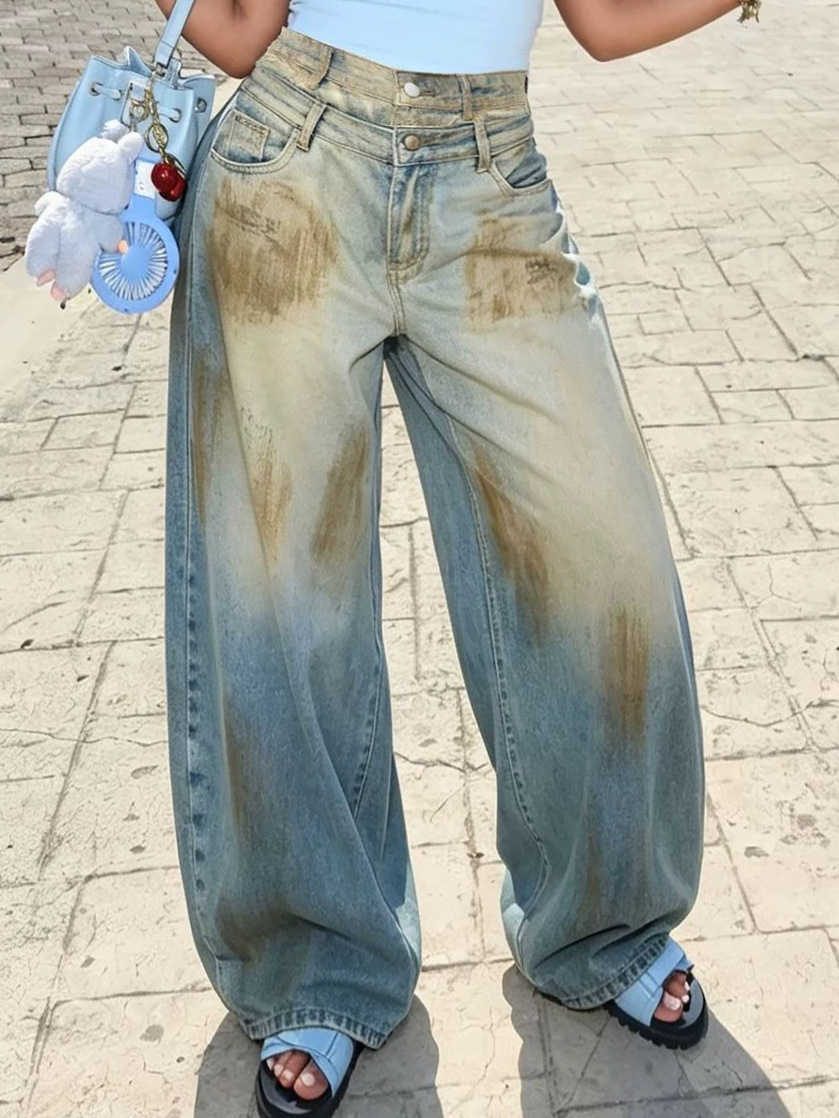 Double Waistband Washed Denim Pants for Streetwear