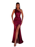 Women One-Shoulder Slash Shoulder Pleated Elegant Slit Bodycon Maxi Dress