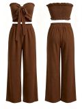 Women Casual Holidays Multi-Way Ruffle Edge Pleated Strapless Top and Wide-Leg Pants Two-Piece Set