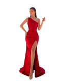 Women One-Shoulder Slash Shoulder Pleated Elegant Slit Bodycon Maxi Dress
