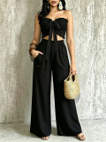 Women Casual Holidays Multi-Way Ruffle Edge Pleated Strapless Top and Wide-Leg Pants Two-Piece Set