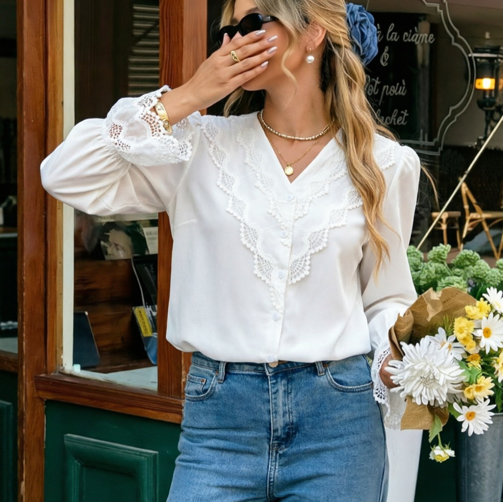 White V-Neck Lace Long-Sleeve Shirt Top for Autumn