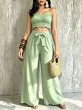 Women Casual Holidays Multi-Way Ruffle Edge Pleated Strapless Top and Wide-Leg Pants Two-Piece Set