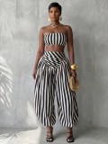 Women Red and White Striped Crop Top and Lantern Pants Two-Piece Set