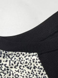Plus Size Women Black Ribbed Patchwork Leopard Print Color Block Round Neck Long Sleeve Bodycon Dress