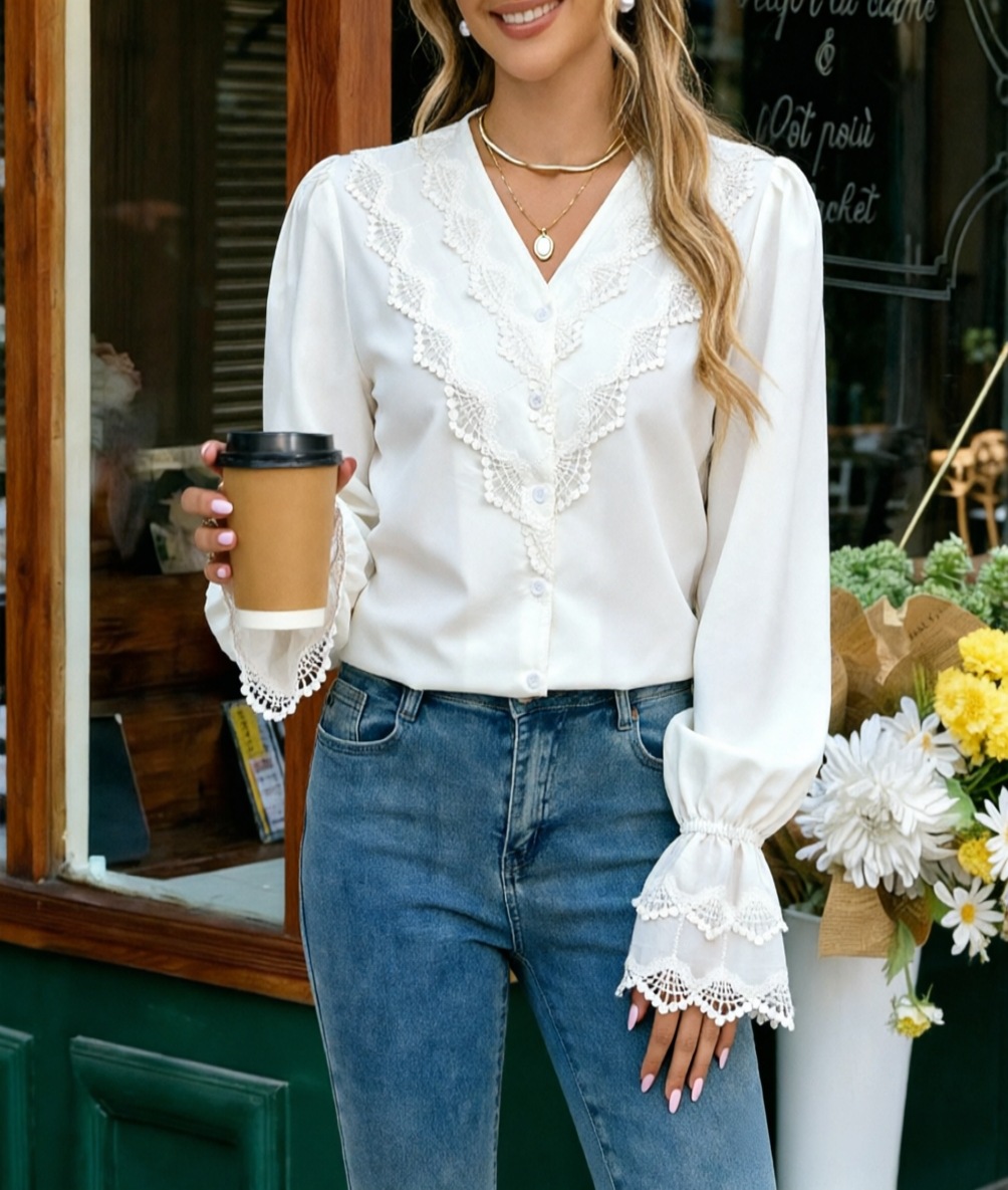 White V-Neck Lace Long-Sleeve Shirt Top for Autumn