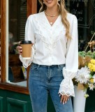 Women Autumn French Style White V-Neck Lace Long-Sleeve Shirt Top