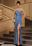 Women Sleeveless Slash Shoulder Formal Party Gown with Sequins and Slit