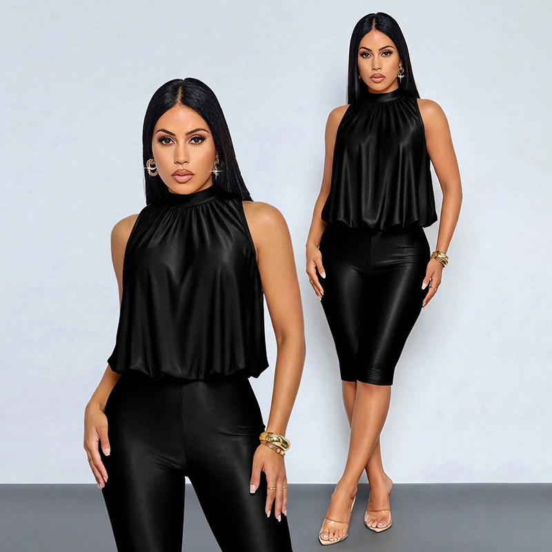 Solid Button-Down Sleeveless Grunge Capri Jumpsuit for Autumn