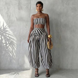 Women Red and White Striped Crop Top and Lantern Pants Two-Piece Set