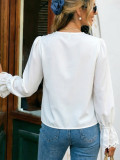 Women Autumn French Style White V-Neck Lace Long-Sleeve Shirt Top