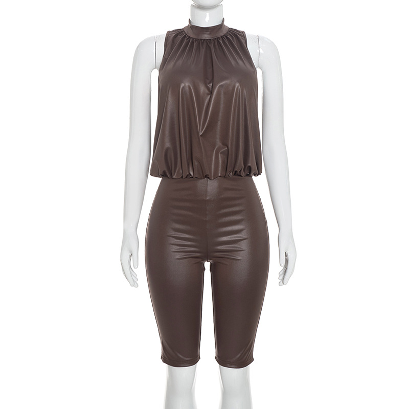 Solid Button-Down Sleeveless Grunge Capri Jumpsuit for Autumn