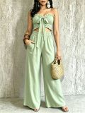Women Casual Holidays Multi-Way Ruffle Edge Pleated Strapless Top and Wide-Leg Pants Two-Piece Set
