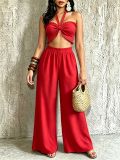 Women Casual Holidays Multi-Way Ruffle Edge Pleated Strapless Top and Wide-Leg Pants Two-Piece Set