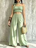 Women Casual Holidays Multi-Way Ruffle Edge Pleated Strapless Top and Wide-Leg Pants Two-Piece Set