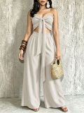 Women Casual Holidays Multi-Way Ruffle Edge Pleated Strapless Top and Wide-Leg Pants Two-Piece Set