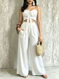 Women Casual Holidays Multi-Way Ruffle Edge Pleated Strapless Top and Wide-Leg Pants Two-Piece Set