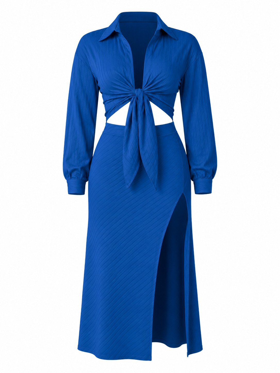 Long-Sleeve Knotted Shirt & Slit Skirt Two-Piece Set