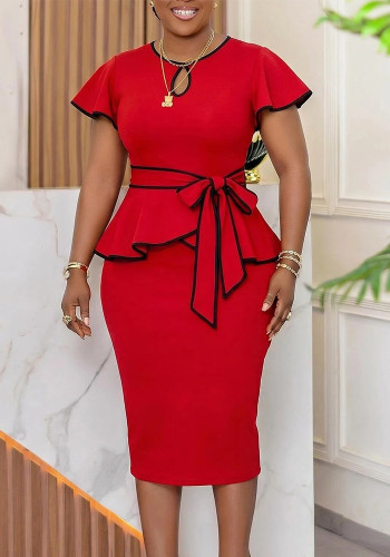 Plus Size Women African Bell Bottom Sleeve Round Neck Color Block Lace-Up Ruffled Bodycon Dress