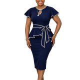 Plus Size Women African Bell Bottom Sleeve Round Neck Color Block Lace-Up Ruffled Bodycon Dress
