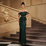 Women Sleeveless Off Shoulder Formal Party Gown with Sequins