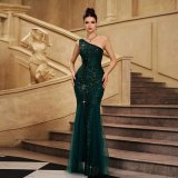 Women Sleeveless Slash Shoulder Formal Party Sequin Mesh Evening Dress