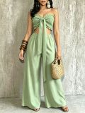 Women Casual Holidays Multi-Way Ruffle Edge Pleated Strapless Top and Wide-Leg Pants Two-Piece Set