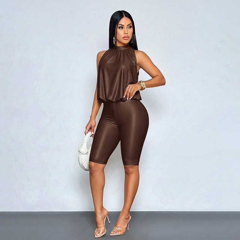 Solid Button-Down Sleeveless Grunge Capri Jumpsuit for Autumn
