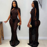 Women Sexy Black Lace Halter Neck Backless See-Through Fishtail Formal Party Maxi Dress