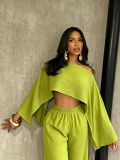 Women Sexy Beach Holidays Solid Slash Shoulder Irregular Off-Shoulder Top and Pocket Pant Two-Piece Set