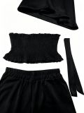 Women Casual Holidays Multi-Way Ruffle Edge Pleated Strapless Top and Wide-Leg Pants Two-Piece Set