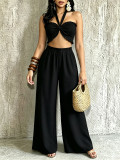 Women Casual Holidays Multi-Way Ruffle Edge Pleated Strapless Top and Wide-Leg Pants Two-Piece Set