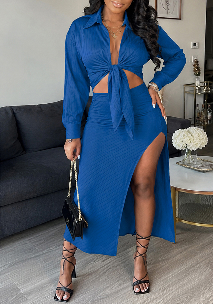 Long-Sleeve Knotted Shirt & Slit Skirt Two-Piece Set