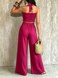 Women Casual Holidays Multi-Way Ruffle Edge Pleated Strapless Top and Wide-Leg Pants Two-Piece Set