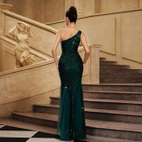 Women Sleeveless Slash Shoulder Formal Party Sequin Mesh Evening Dress