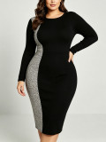 Plus Size Women Black Ribbed Patchwork Leopard Print Color Block Round Neck Long Sleeve Bodycon Dress