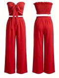 Women Casual Holidays Multi-Way Ruffle Edge Pleated Strapless Top and Wide-Leg Pants Two-Piece Set