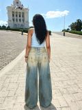 Women Double Waistband Washed Denim Pant