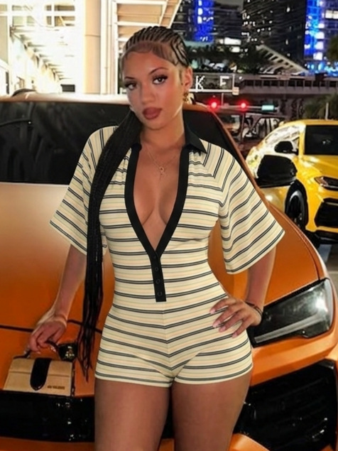 Ribbed Deep V-Neck Romper for Clubwear